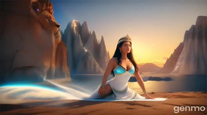 hidden beach and cosmic energy showering from cosmic rays , yoga beautiful queen white skin long hair black black eyes wearing white dress , a giant lion mountain 