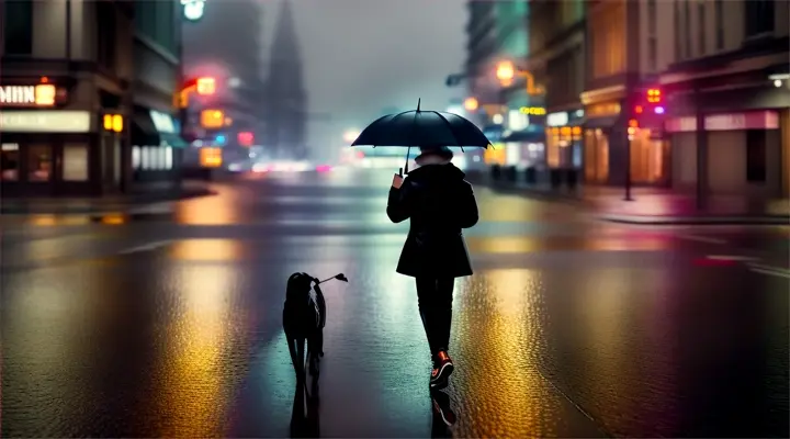A teenager holding an umbrella and walking a chocolate lab on a wet and reflective city street at night