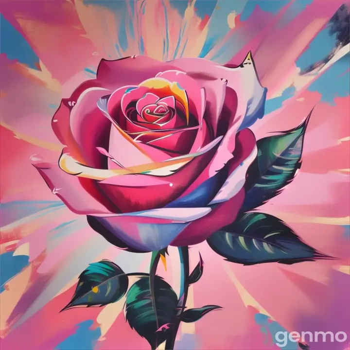 Drawing (brushstrokes with strokes, dashes, blots): stylized single pink rose flower with a stem against a background of blue sky and  stylized sun with rays. On an abstract pop art background with spots and strokes. 
Рисунок (мазки со штрихами, черточками, кляксами): стилизованный одиночный розовый цветок роза со стеблем на фоне голубого неба и стилизованного солнца с лучами. На абстрактном фоне поп-арта с пятнами и штрихами.
