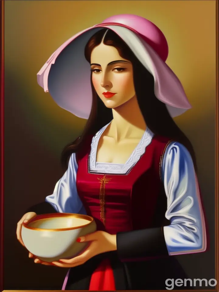 a painting of a woman holding a bowl on her head