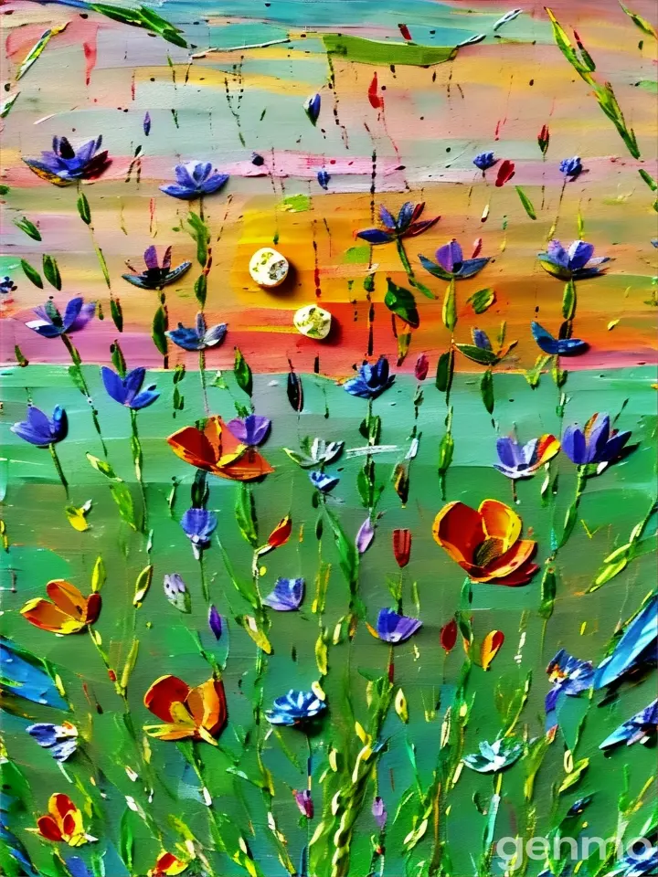 a painting of a field of flowers with a sunset in the background