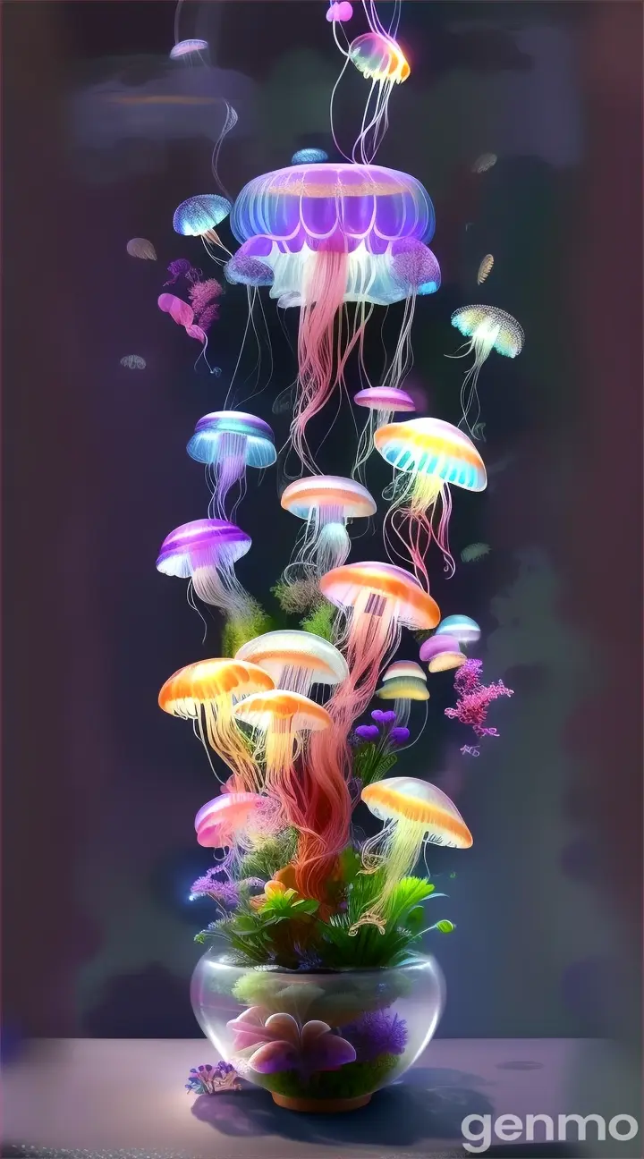 a group of jellyfish floating in a bowl filled with plants