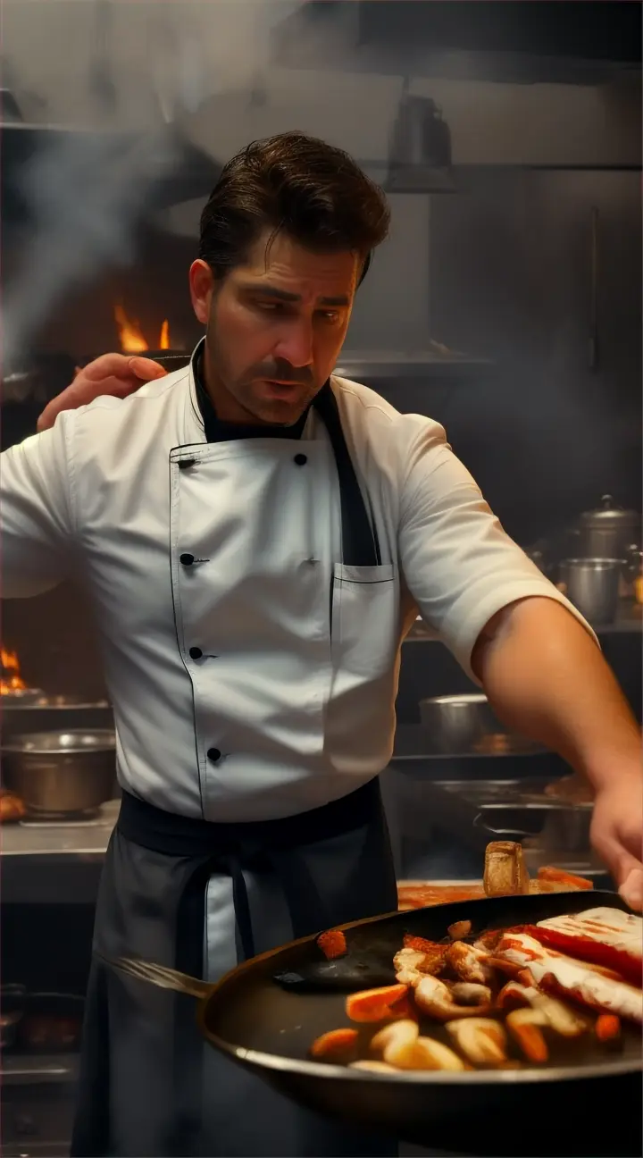 Scene 1-1
A brutal chef swears at all the cooks because of the fire. Focus on important details, faces, people have five fingers, one head, artistic realism