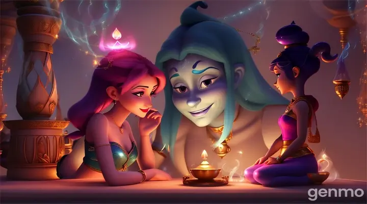 She told him that she loved him as a friend, but she couldn't imagine a life with a genie. 3d cartoon 