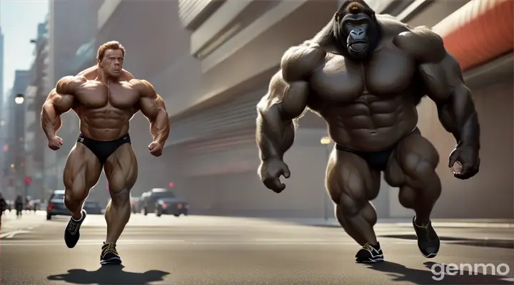 A man is running, followed by a gorilla-like man twice as tall, with a face like a wolf. The man's face resembles Arnold Schwarzenegger. Add From a different angle, from the same location, with the same characters.Flying kicks at each other.