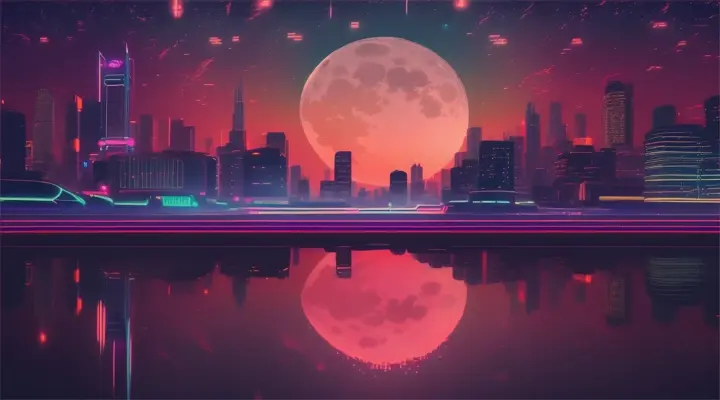 Gigantic moon over a tranquil city, neon lights, digital illustration