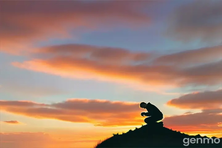 a person kneeling on top of a hill bent over in prayer
