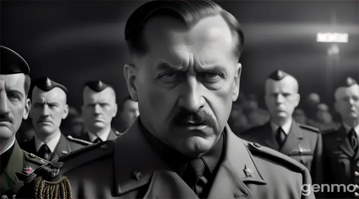 a grotesque ridiculous dictator Fuhrer against the backdrop of his army