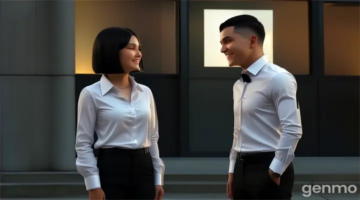 at night, a humble smiling young man with black buzz cut hair cut in white long sleeve formal shirt and a young woman with Black Bob Cut Hair in white long sleeve blouse shirt standing in front of large building next to each other talking  