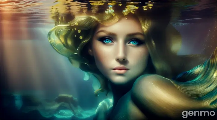 (masterpiece, best quality), close up, A beautiful blonde mermaid with piercing eyes glancing down towards the ground, in the ruins of Atlantis. a dark and moody atmosphere deep depths of the ocean, sea floor, ground, water motion,