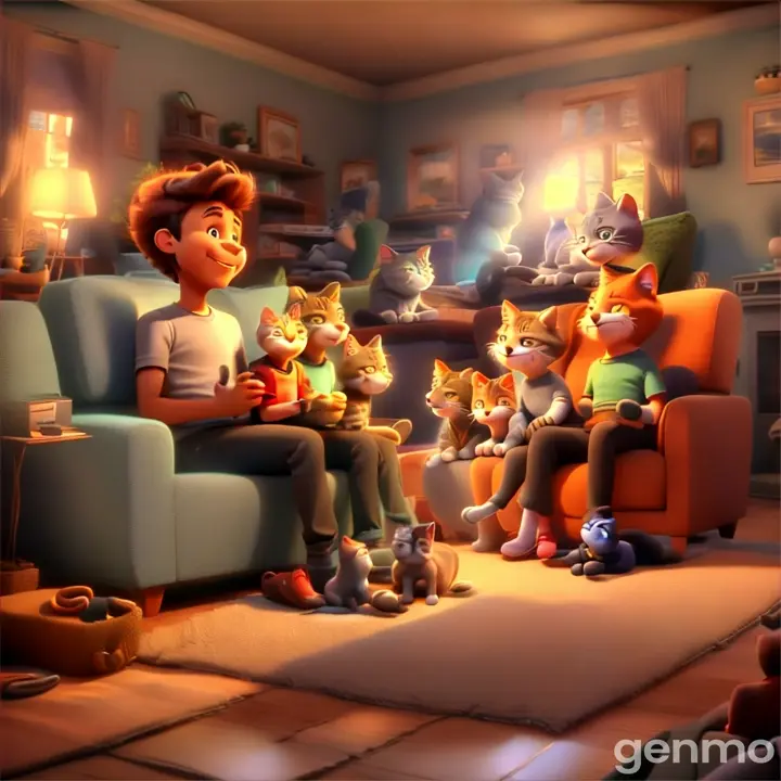 a group of cats sitting on top of a couch in a living room, man is clapping very happy, full of joy