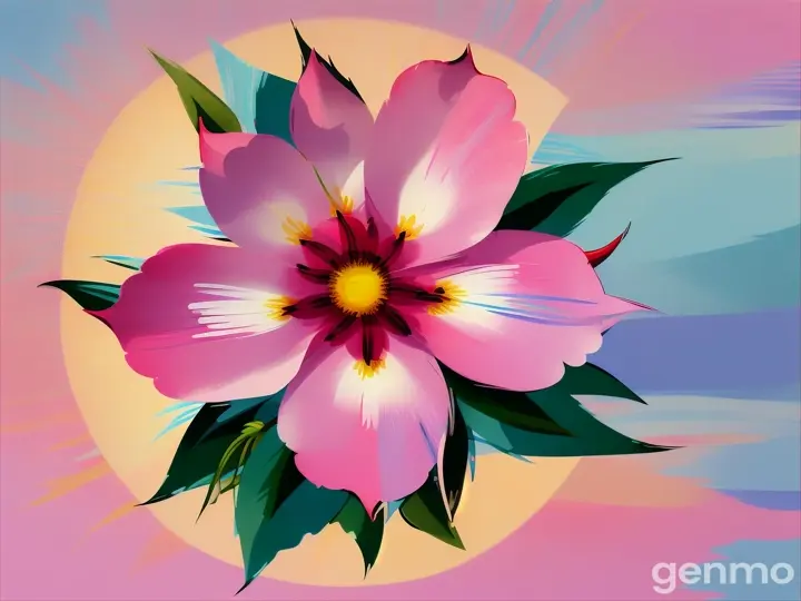 Drawing (brushstrokes with strokes, dashes, blots): stylized single pink Kalmia flower with a stem against a background of blue sky and  stylized sun with rays. On an abstract pop art background with spots and strokes. 
Рисунок (мазки со штрихами, черточками, кляксами): стилизованный одиночный розовый цветок Кальмия со стеблем на фоне голубого неба и стилизованного солнца с лучами. На абстрактном фоне поп-арта с пятнами и штрихами.
