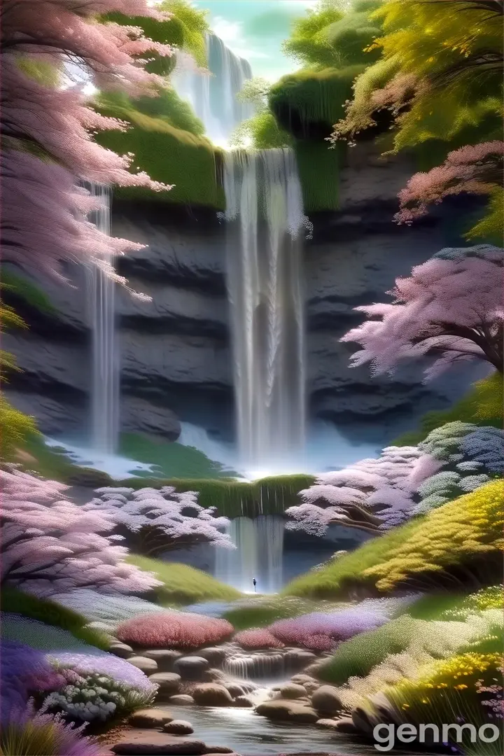 a painting of a waterfall surrounded by trees and flowers