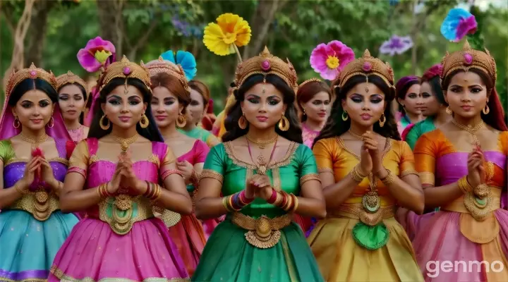 a group of women dressed in colorful outfits