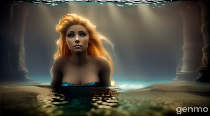 (masterpiece, best quality), close up, A beautiful blonde mermaid with piercing eyes glancing down towards the ground, in the ruins of Atlantis. a dark and moody atmosphere deep depths of the ocean, sea floor, ground, water motion,