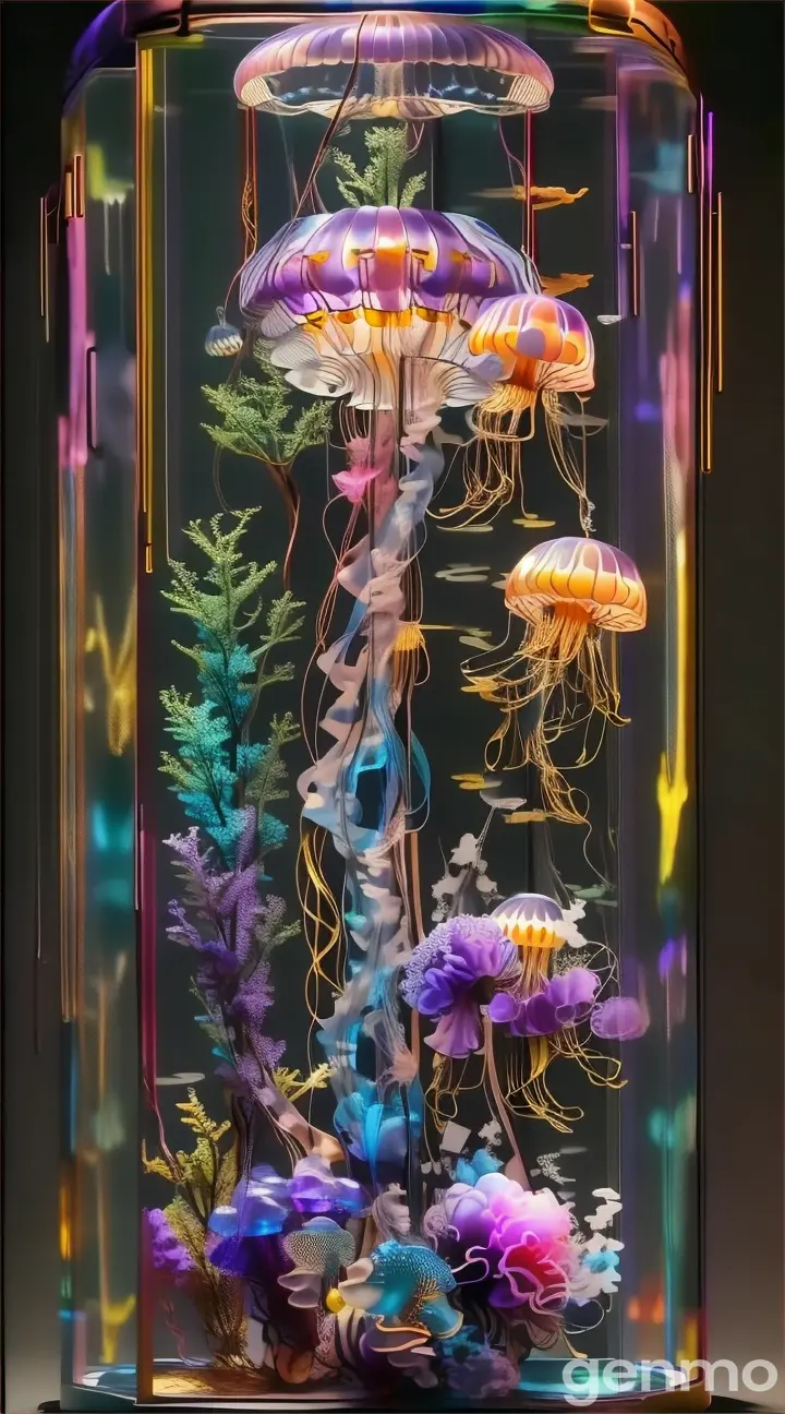 a display of jellyfish in a glass case