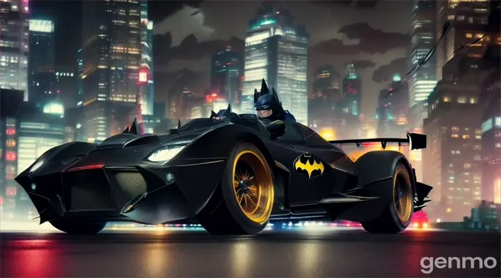 Anime of Batman driving his  anger at  Gotham city