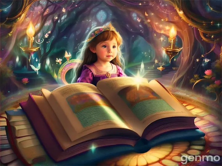 **Prompt for an Image or Picture:**

Create an illustration for a children's song titled "जादुई किताब" (Magic Book). The scene should depict an open magical book with vibrant, glowing pages. From the book, enchanting elements like lions, fairies, and wizards are emerging, surrounded by a dreamy and colorful landscape. Children are sitting around the book, mesmerized by the magical stories unfolding before their eyes. The atmosphere should be whimsical and full of wonder, with a mix of real and fantasy elements blending seamlessly.