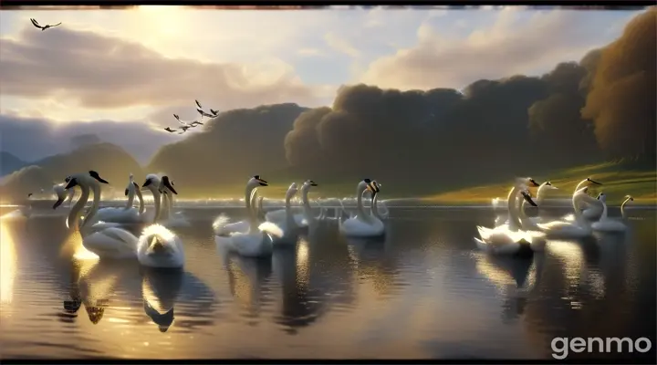 make an animated video of a a beautiful swan joined a group of swan in flying in the sky between swan