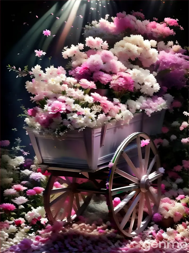 a wagon filled with lots of pink and white flowers