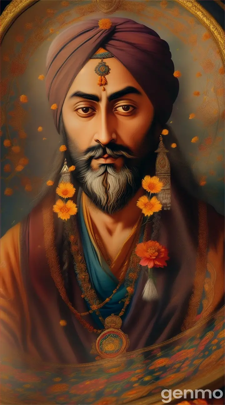 A portrait of Guru Arjan Dev with marigold flowers and religious symbols as a tribute