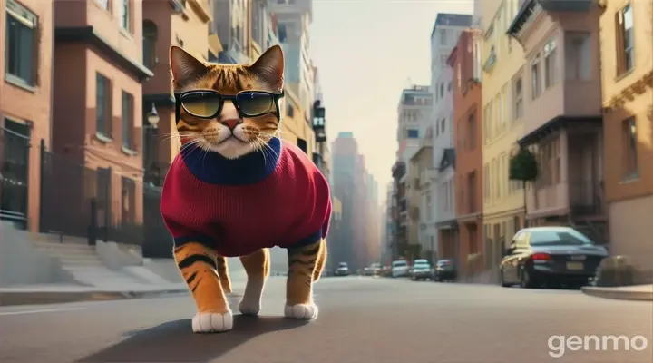 A cat in a sweater, sneakers and dark glasses walks down the street between tall houses