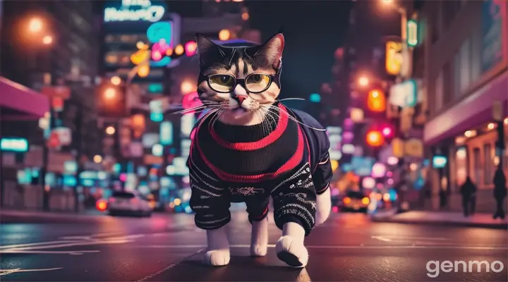 A cat in a sweater, sneakers and dark glasses walks down the street on his hind legs between tall houses