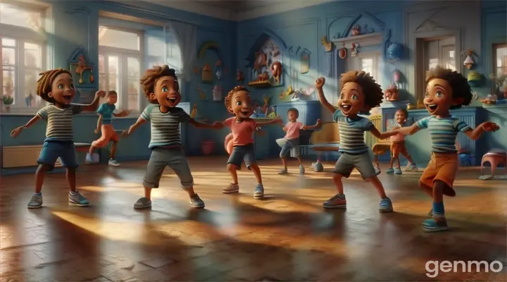 a group of children dancing in a room