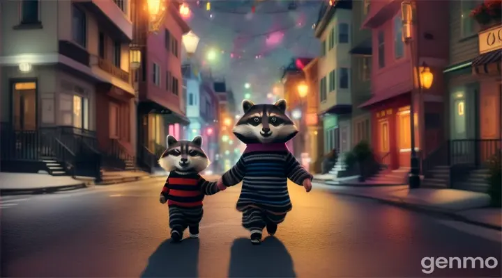 A raccoon in a striped sweater walks down a night street between tall houses