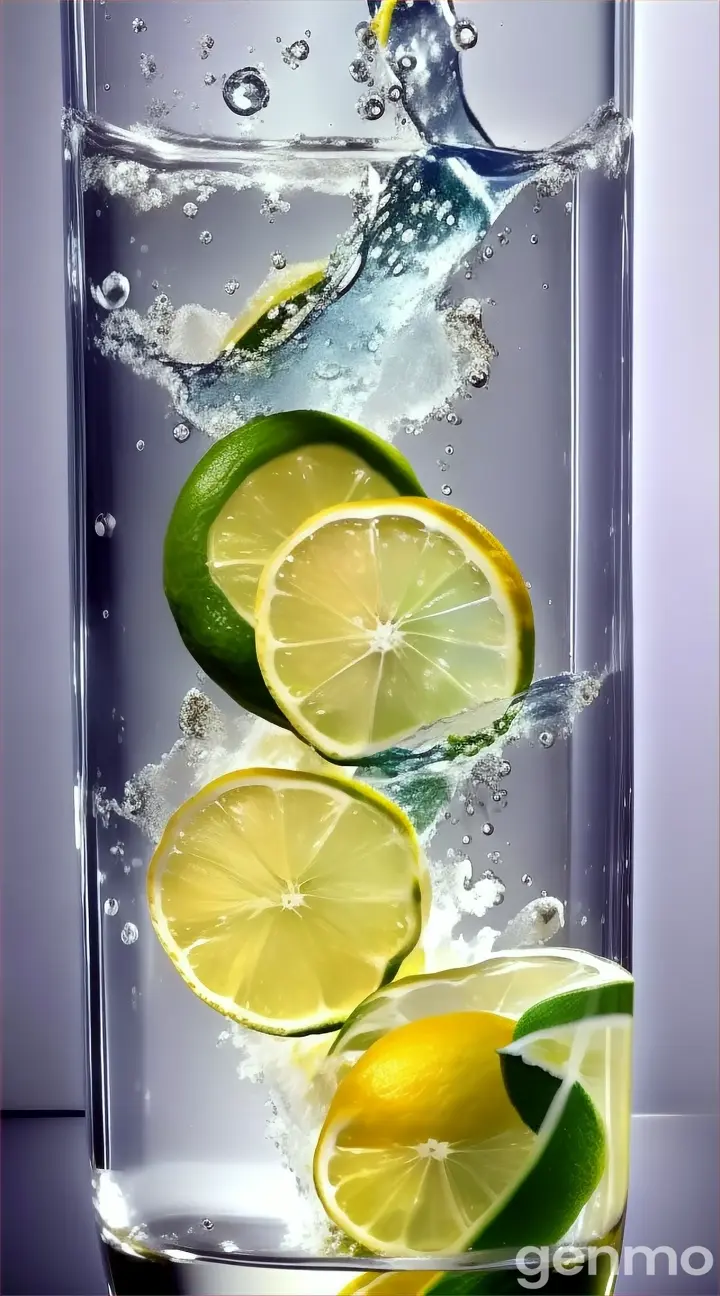 a glass of water with lemons and limes in it