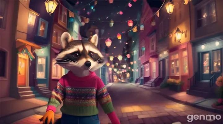 A girl raccoon in a colorful sweater is walking along a night street between tall houses.