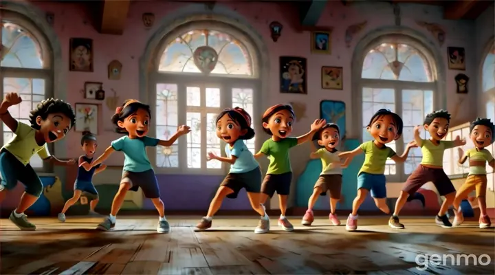 a group of children dancing in a room