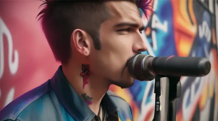 male punker, singing with microphone in front of a graffity house