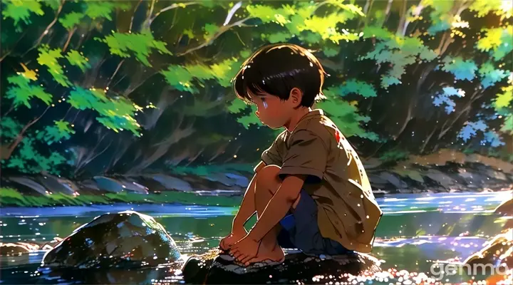 a little boy sitting on a rock in a river