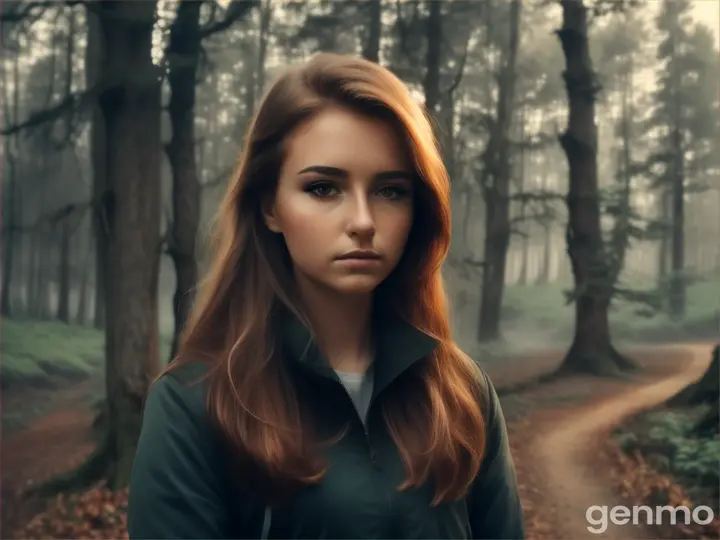 hot girl alone in the forest whilst a war is in the background