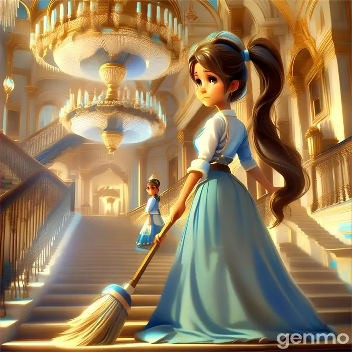 a brown  poor  beautiful woman  wearing long blue skirt and white blouse with a  long pony tail ,holding a mop standing on stair under big chandelier of a  palace   3D animation cartoon 