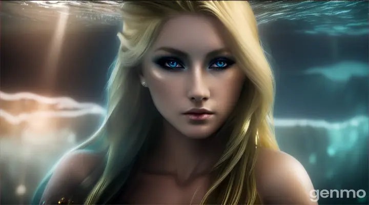 (masterpiece, best quality), close up, A beautiful blonde mermaid with piercing eyes glancing down towards the ground, in the ruins of Atlantis. a dark and moody atmosphere deep depths of the ocean, sea floor, ground, water motion,