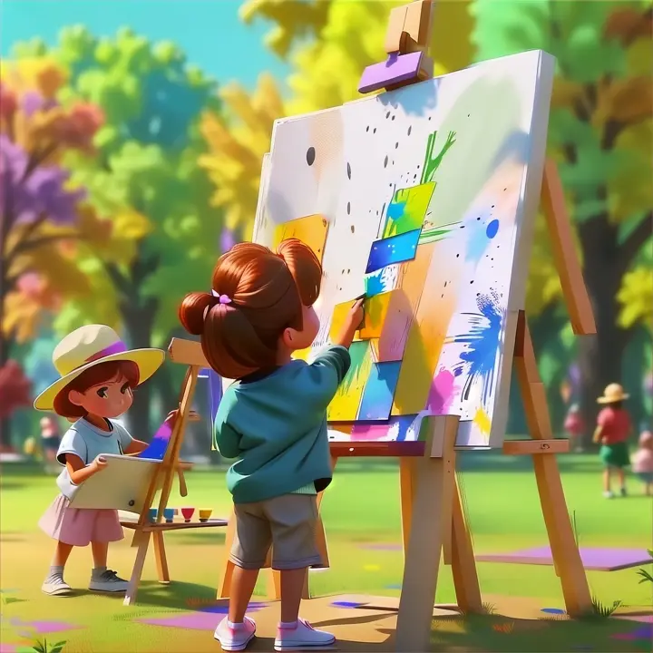 a little girl painting a picture on a easel