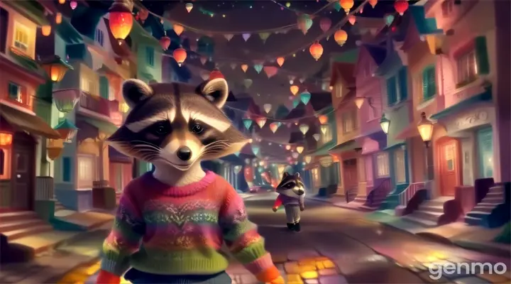 A raccoon girl in a colorful sweater walking down a night street.