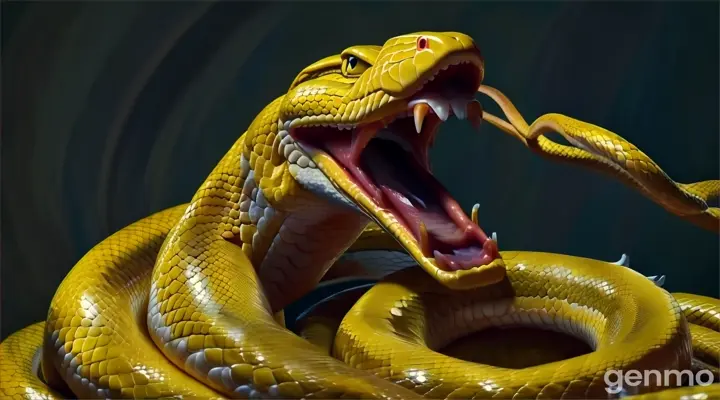 a large yellow snake is talking with its mouth open