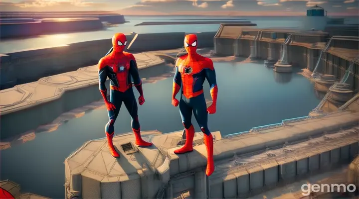 3d cartoon story style On the roof of the water filtration facility, overlooking the reservoir. Spider-Man and Batman stand ready for battle, facing the Pollution Villain.