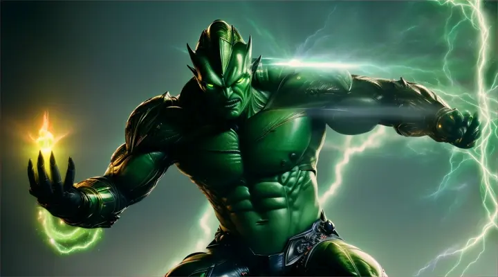 a muscular alien with green skin ,casting a powerfull spell, dramatic ball lightning from hands, , dragon, highly detailed, photography, ultra sharp, film, bokeh, professional, 64k <lora:add-detail-xl:1.5> <lora:Piccolo1024:0.8>