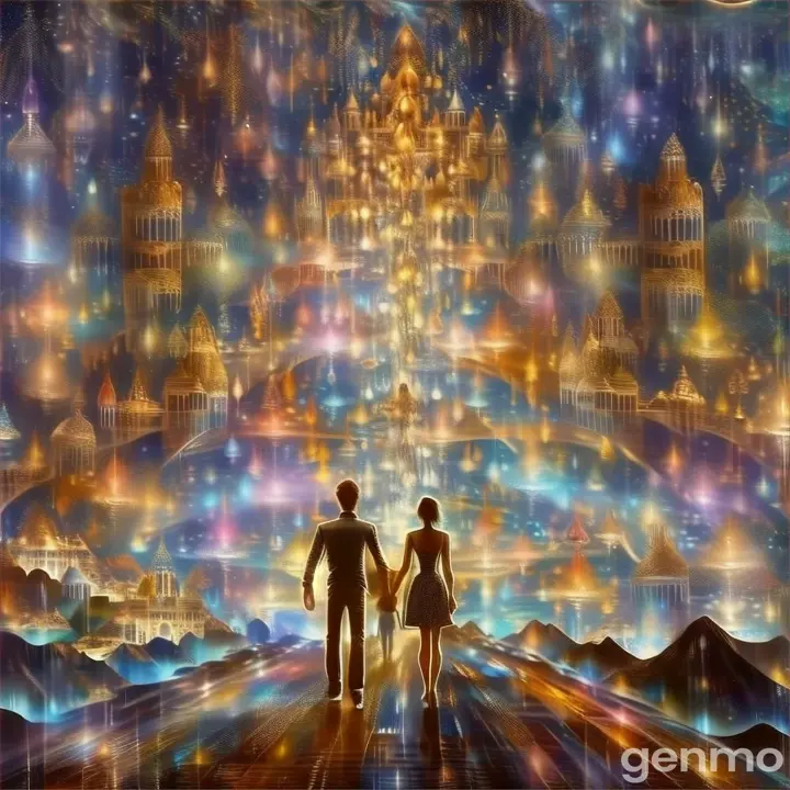 a man and a woman walking down a street under a sky filled with stars