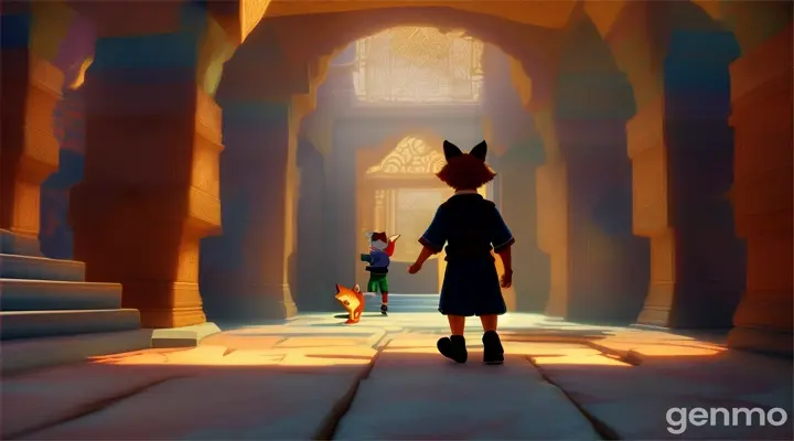 12-year-old boy and the fox exploring the temple’s corridors, avoiding traps and solving puzzles etched into the walls. 3d animation, disney inspired