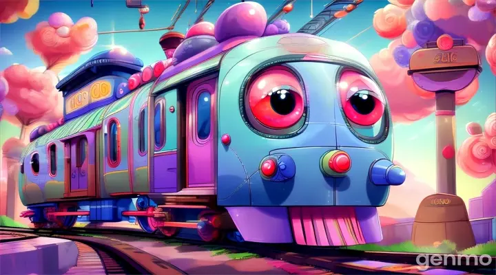 a cartoon train with big eyes on the tracks