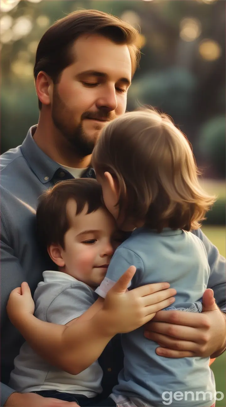 una hermosa toma donde hay un padre abrazando a sus hijos.. El esta de rodillas para poder estar a la altura de sus hijos pequenos. Vertical 9.6 Genera algo para un comercial de el dia  de el padre. Esta seguro de sacar buenas tomas con figuras completas y no deformes