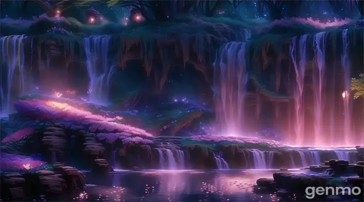 a painting of a waterfall with flowers in the foreground