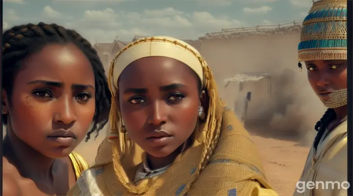  "A dramatic scene of a village under attack. Amina, in traditional attire, helping villagers, and Ibrahim, a warrior in traditional Hausa clothing, fighting bravely. Their eyes meet across the chaos, hinting at an instant connection."