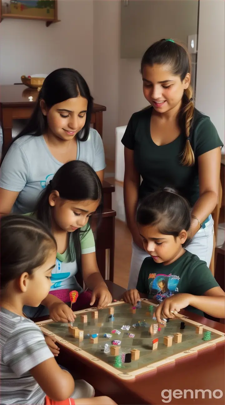 Una hermosa toma donde un padre esta compartiendo con sus hijos que ya estan adultos y el padre ya tiene canas. estan em la casa de el, precisamente en la mesa de el comedor y estan su dos hijas, una es de pelo negro y tes morena, tiene los ojos de color miel y su pelo es negro recogido en cola de caballo. Su otra hija es de tes blanca, tiene pelo rubio recojido en cola de caballo tambien y ella tiene los ojos verdes.. Su hijo varon es de tes morena, ojos color negro grandes y hermosos,, Es una familia latina. Estan jugando juesgos de mesa y todos sonrrien.. Tambien esta en forma de espiritu su madre que ya no vive. Ella es un angel hermoso, de pelo RUBIO hasta los hombros, tiene los ojos redondos y grandes, de color miel, es de tes blanca y es un angel muy hermoso.. es una toma como para un comercial... Vertical 9.6 POR FAVOR CREA LO QUE TE ESTOY PIDIENDO,.. 
Un padre ya con canas
Una madre en forma de espiritu porque ya esta muerta
Un Varon de 40 anos 
Una mujer de 39 anos 
Y una mujer de 37 anos todos sentados en la mesa