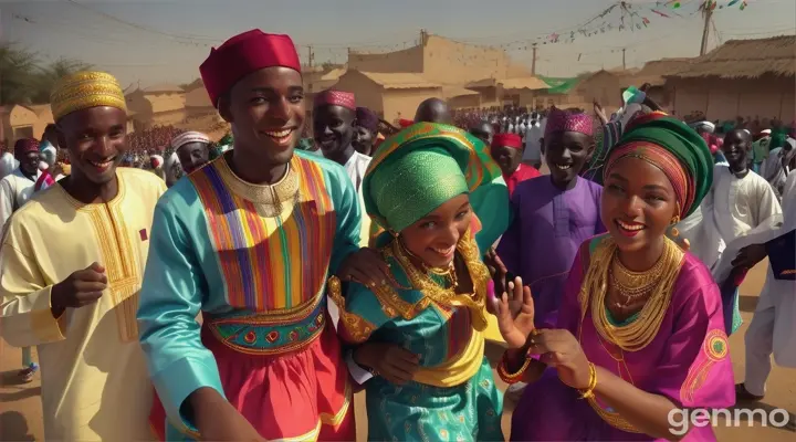 "A joyous celebration in the village with Amina and Ibrahim at the center, surrounded by smiling villagers. The scene is vibrant and festive, with traditional music, dancing, and colorful Hausa attire."